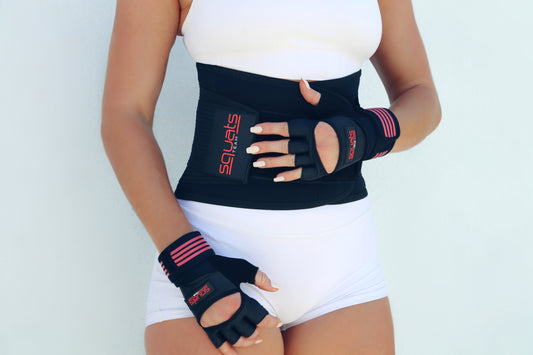 SquatsTeam - COMBO - Women's Waist Trainer Gym Belt + Lifting Gloves + Gym Hat Performance Combo for Lumbar Support & Core Stability - Save $37